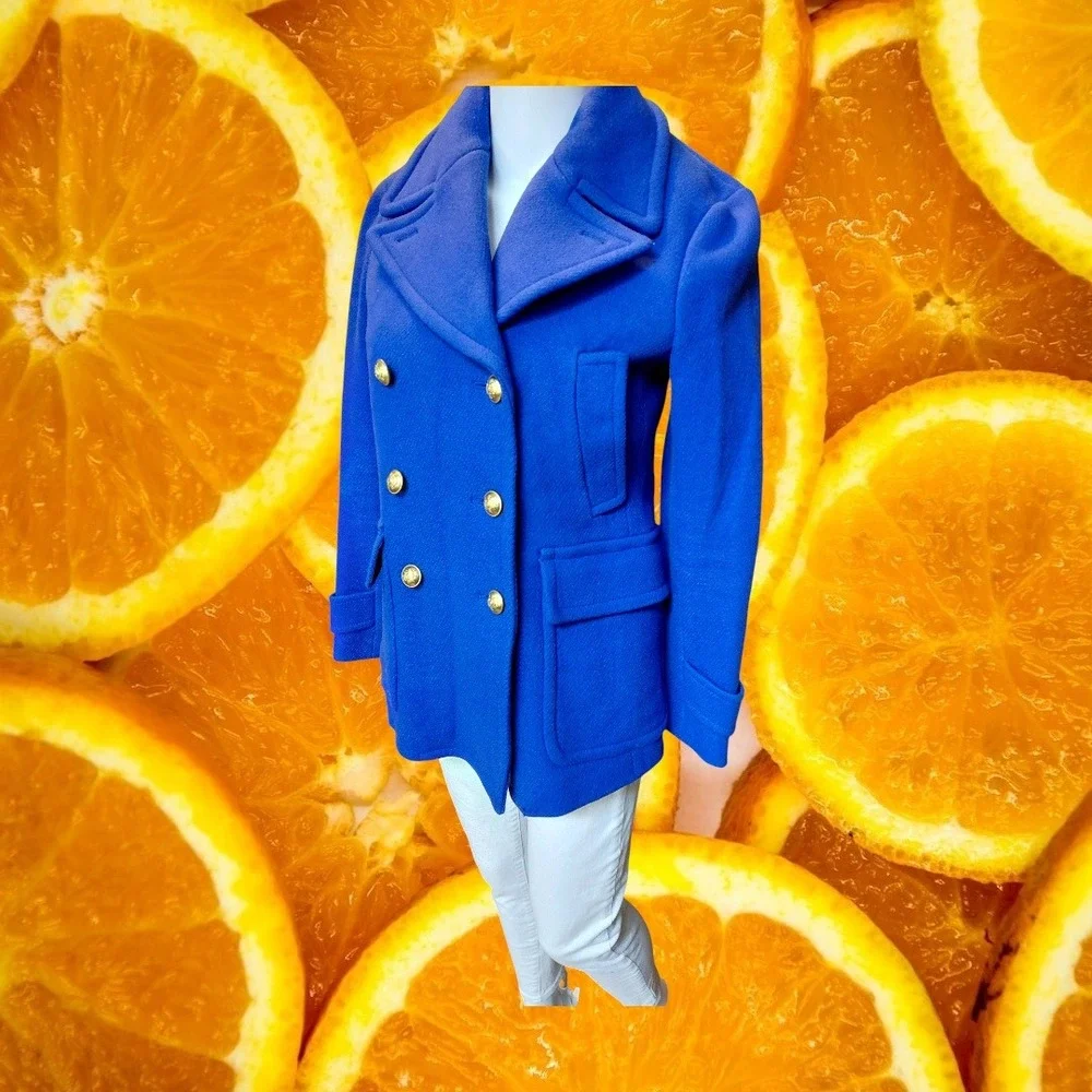 J. Crew Stadium Cloth Double Breasted Pea Coat Royal‎ Blue Gold Buttons Size 0 - Picture 8 of 8